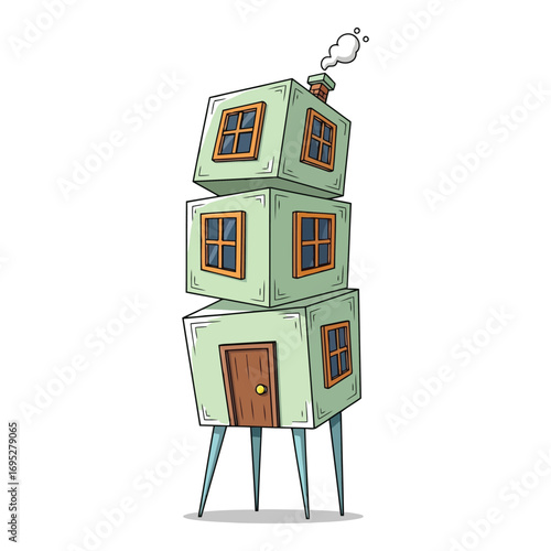 Art of a whimsical, stacked cube house with a chimney emitting smoke, standing on stilts, showcasing unique architecture