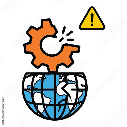 Art of a broken gear on top of a globe, with a warning sign, symbolizing global industrial problems or system failure