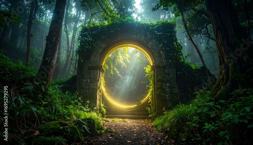 Ancient archway portal in misty forest