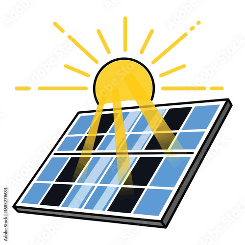 Art of solar panel absorbing sunlight for renewable energy generation, isolated on white background