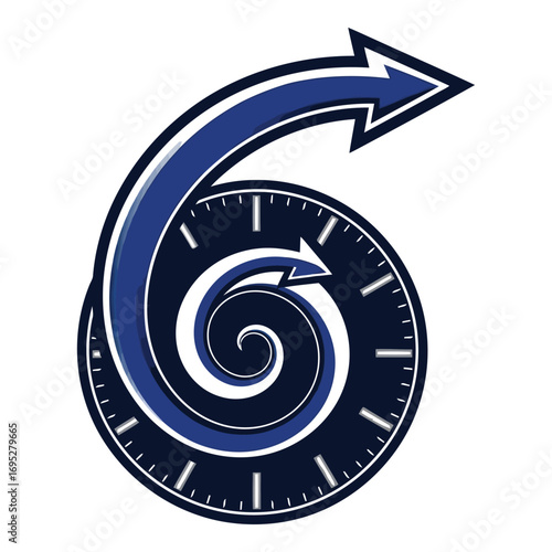 Art of spiral clock face with an arrow indicating fast forward motion and time progression, isolated on white background