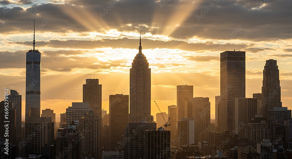 Fototapeta premium Manhattan Skyline: Golden Hour Radiance and Architectural Majesty