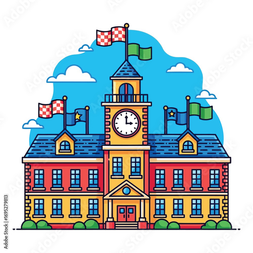 Art of colorful school building with a clock tower and flags, representing education and learning
