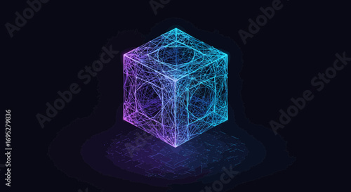 Futuristic abstract glowing cube design with neon colors on a dark background