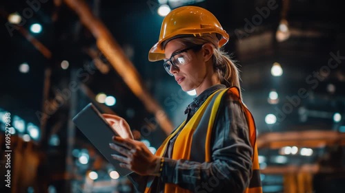 Woman with a hard hat and safety vest looking at a tablet in an industrial setting