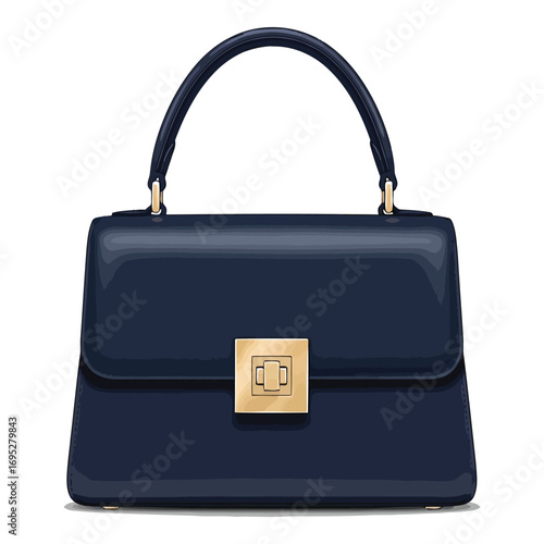 Art of a sophisticated dark blue leather handbag with gold hardware, isolated on white background
