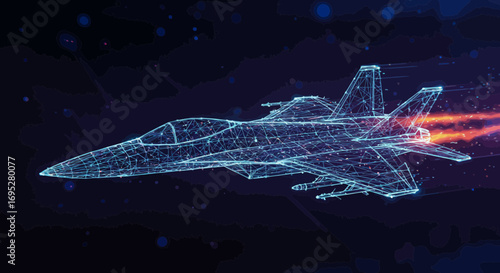 Futuristic digital jet fighter polygon design with engine flames and network