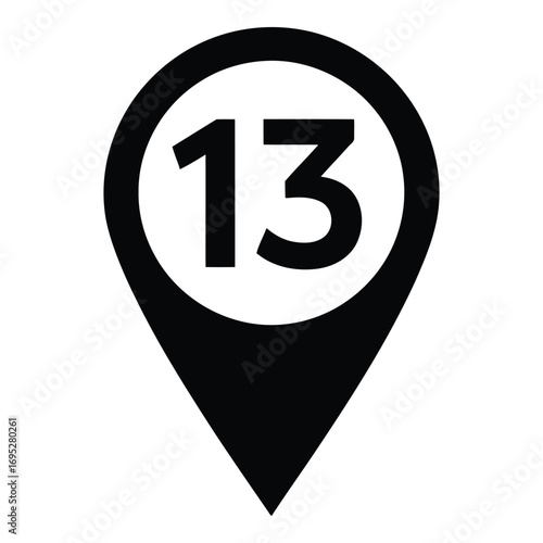 Art of number 13 on map pin isolated on white background for website and application interface design element and user interface design