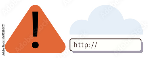 Red warning triangle with an exclamation mark beside a browser URL bar and cloud graphic. Ideal for cybersecurity, online safety, risk management, security alerts, website errors, internet threats