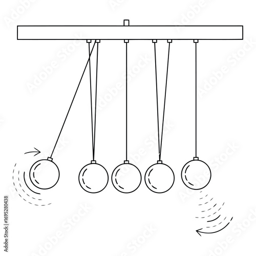 Art of newtons cradle isolated on white background, demonstrating the conservation of momentum and energy through swinging spheres in a minimalist style