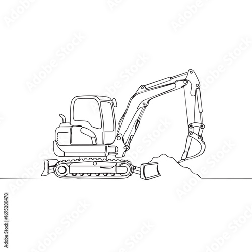 A minimalist continuous line drawing depicts a powerful excavator actively digging earth, symbolizing construction, development, and heavy industry work.