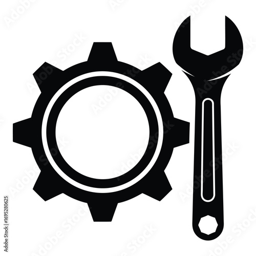 Art of gear and wrench icon isolated on white background for repair, mechanic, engineering, and industrial themed designs and graphic elements