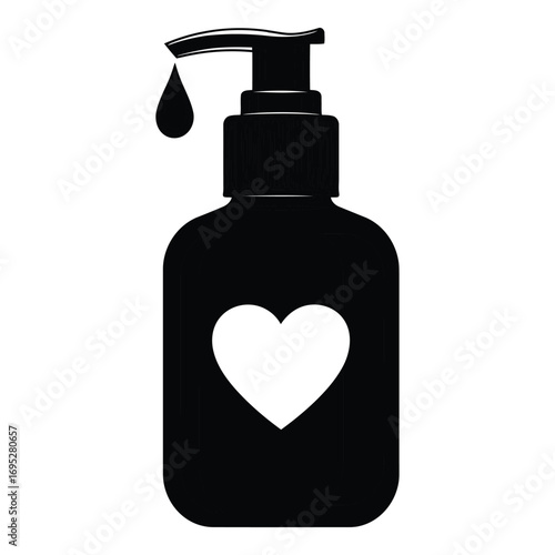 Art of black soap dispenser with heart symbol isolated on white background for hygiene and health care, a simple and clean design