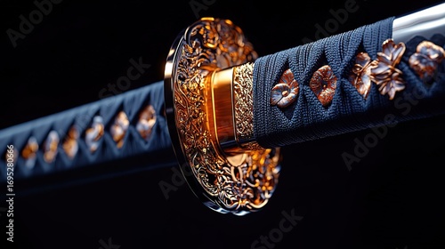 Close - up of Ornate Samurai Sword with Intricate Gold and Metal Embellishments on Handle and Tsuba