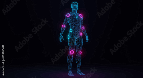 Futuristic Human Body Scan Visualization with Glowing Joints and Connected Network
