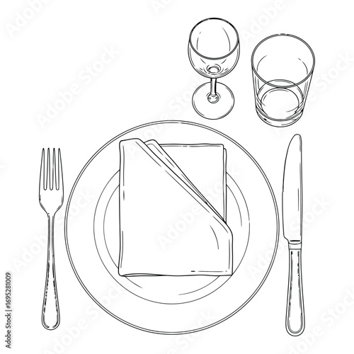 Art of elegant table setting with plate, cutlery, glasses isolated on white background, ideal for restaurant menus, event designs, or culinary projects