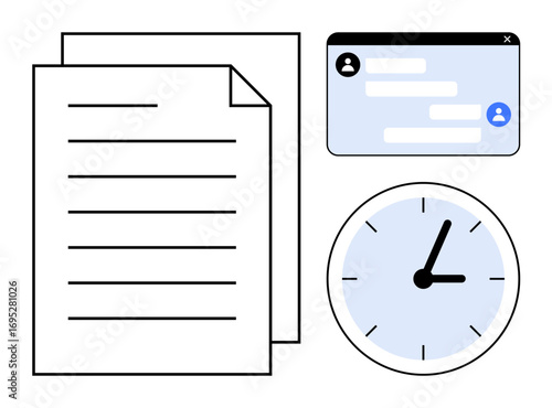 Documents, chat window with messages, and an analog clock symbolizing productivity, time management, communication, and organization. Ideal for teamwork, deadlines, schedules workflows remote work