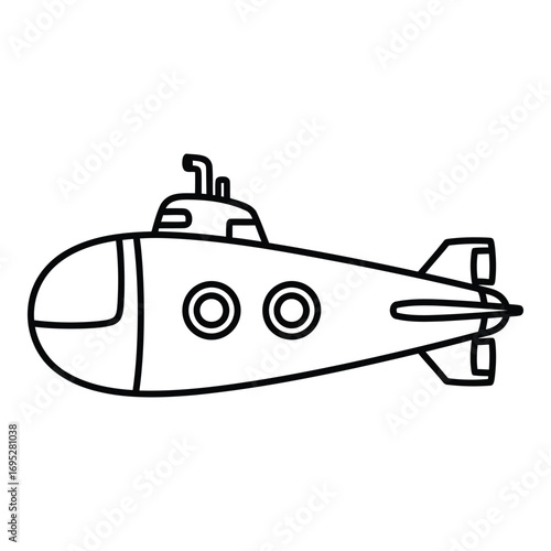 Art of simple black and white outline of a submarine isolated on white background, perfect for nautical themes, transportation, and underwater exploration