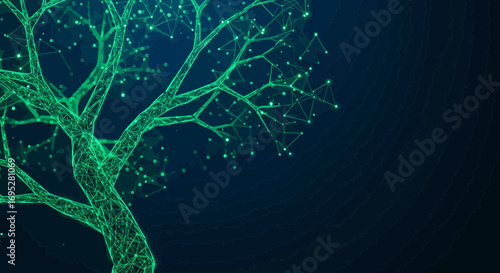 Futuristic digital tree design with glowing green connections and plexus effect