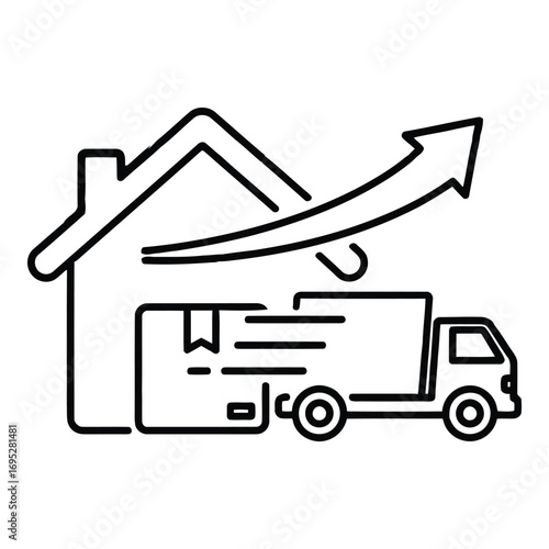 Art of fast delivery service with truck and box moving to a new house isolated on white background