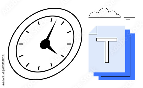 Clock with tilted dial and stack of documents under a cloud. Ideal for productivity, deadlines, organization, workflow, scheduling, task management, simple landing page