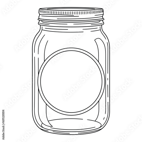 Art of vintage mason jar outline with blank label isolated on white background, a retro glass container for homemade food and rustic kitchen