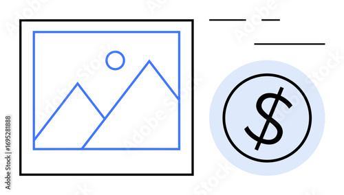 Framed mountain scenery icon alongside a dollar sign representing digital content monetization and creativity. Ideal for art, photography, finance, e-commerce, innovation, marketing, online business