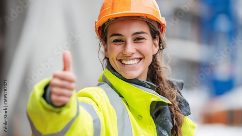 A female construction worker with a big smile, giving a thumbs-up to the camera while wearing a high-visibility jacket and a hard hat.
