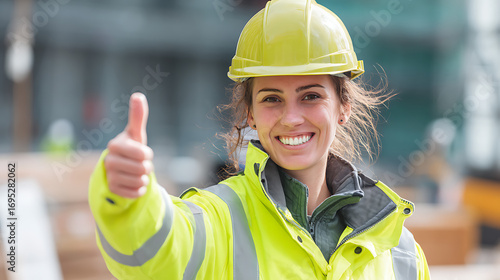 A female construction worker with a big smile, giving a thumbs-up to the camera while wearing a high-visibility jacket and a hard hat.
