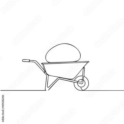A minimalist continuous line drawing depicts a sturdy garden wheelbarrow filled with soil, ready for landscaping or construction work.