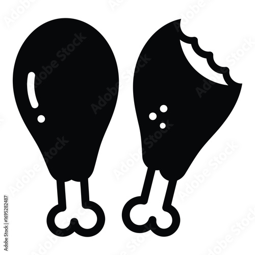 Art of two chicken drumsticks isolated on white background, one with a bite taken, perfect for food blogs and culinary designs with a playful touch