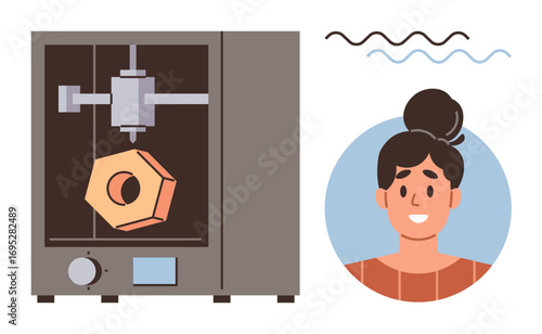 3D printer producing object alongside smiling woman portrait. Ideal for technology, innovation, creativity, engineering, manufacturing, design, education. Simple flat metaphor