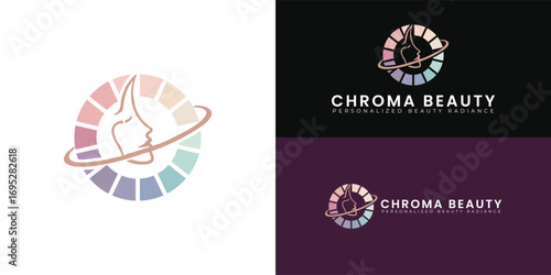 A refined logo for a premium K-BEAUTY brand. It showcases an elegant profile encircled by a subtle color wheel, representing the journey to discover your ideal palette and personalized beauty.