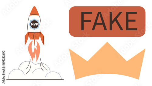 Rocket labeled MVP launching with smoke trail, FAKE text in bold block, and a crown shape. Ideal for startup growth, success, authenticity, competition, achievement, fake concepts symbolism of
