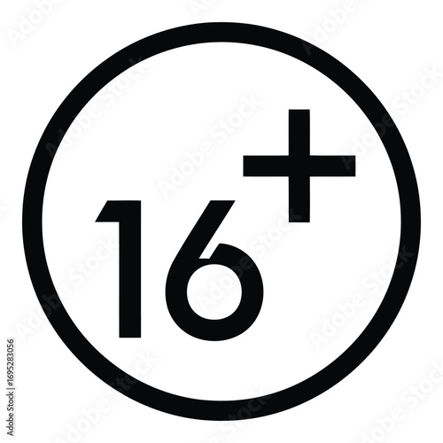 Art of age restriction sixteen plus symbol isolated on white background, indicating mature content and adult limit in a simple and minimal flat style design