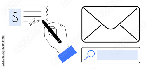 Hand writing a signature on a paper, closed envelope, and a search field. Ideal for communication, payment, signature validation, email services, document signing, authentication simple landing page