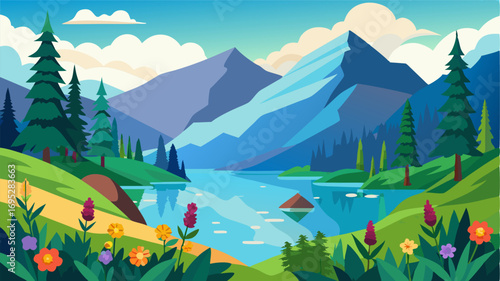 A serene alpine lake dotted with colorful wildflowers and embraced by towering evergreen trees.