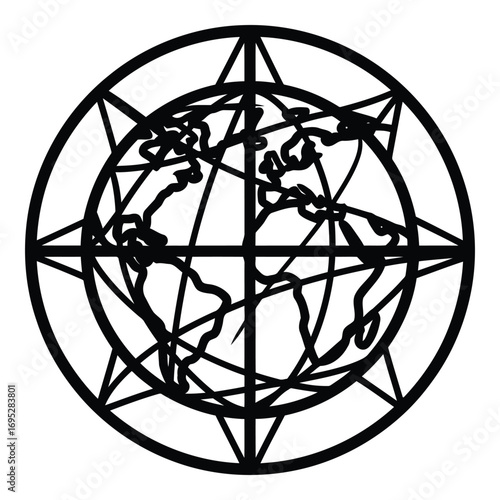 Art of global earth compass isolated on white background, representing worldwide navigation, international travel, and global business connections