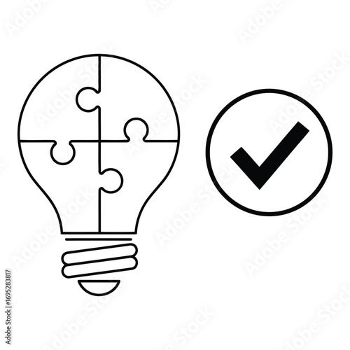 Art of lightbulb puzzle with check mark isolated on white background representing a successful solution and innovative problem solving approach