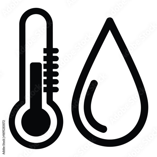 Art of a simple icon isolated on white background showing a thermometer and a water drop, representing temperature and humidity levels in a minimalist style