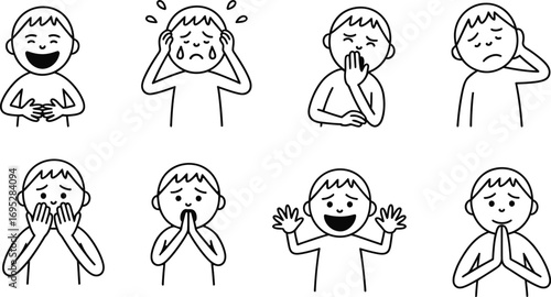 Stick Figure kids Child’s Emotional Spectrum Laughter, Tears, Surprise, and Contemplation in Expressive vector Illustration