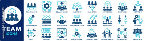 Team icon collection set. Containing collaboration, teamwork, team building, leadership, unity, coworker, project team, support team icon. Simple dual tone vector illustration.