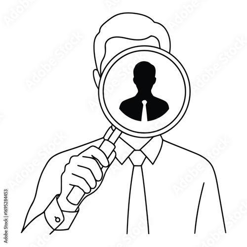 Art of man searching with magnifying glass isolated on white background, representing job search, recruitment, and finding the right candidate