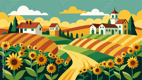 A small village surrounded by sunflower fields a stunning contrast between the quaint homes and the grand fields.