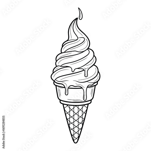 Art of outline drawing of a dripping ice cream cone isolated on white background, perfect for illustrating summer treats and sweet indulgences