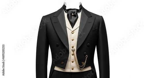 Elegant black tailcoat, waistcoat, and cravat ensemble.