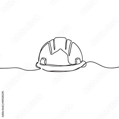 A sleek, continuous line drawing depicts a hard hat, symbolizing essential safety, construction, and the dedicated efforts of workers in industrial environments.