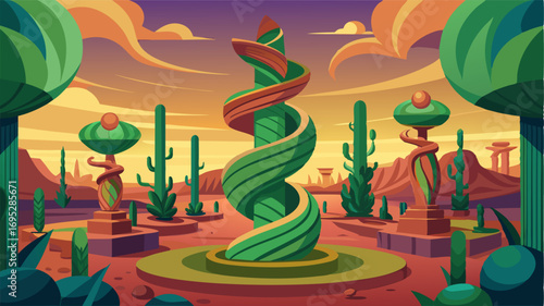 A surreal garden where twisted and contorted cacti stand like otherworldly sculptures.