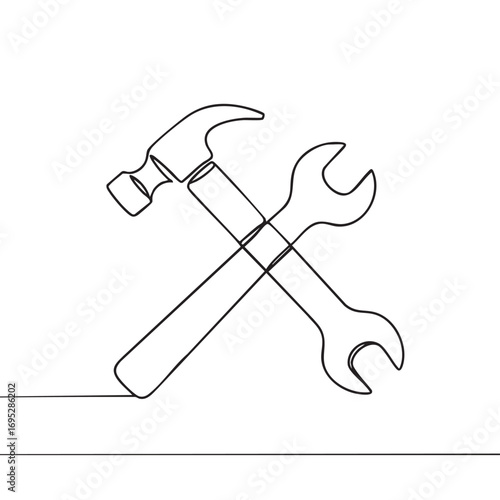 A minimalist continuous line art drawing depicts a crossed hammer and wrench, symbolizing repair, construction, and essential maintenance services.
