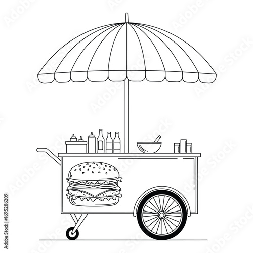 Art of a simple line drawing of a classic hamburger food cart with an umbrella, offering delicious street food